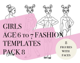 8 Girls Fashion Figures With Faces· Age 6 to 7 · Dynamic Poses · Printable/Downloadable Croquis · Child/Kid Croquis · PDF/PNG/jpeg · Pack 8