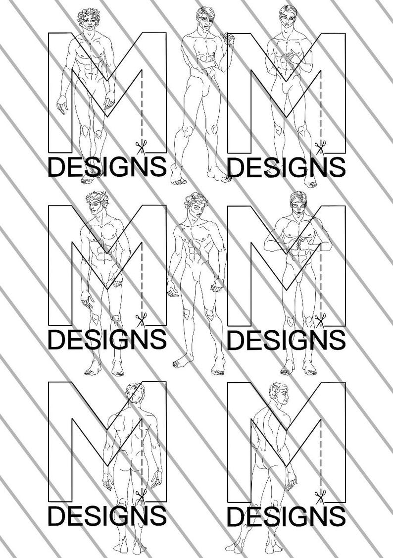 8 Male Fashion Figures Front, Back, Side Printable/downloadable Croquis Pdf/png/jpeg Men Croquis ...