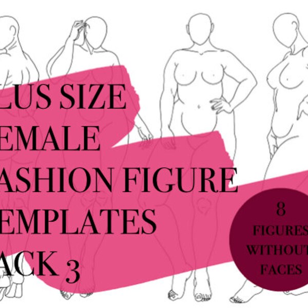 8 Plus-Size Weibliche Fashion Figuren #1 • PDF/PNG/JPEG/Ai • Vorderseite, Seite, Rückseite • Kunstvorlage • Digitaler Download • Procreate/Skizzenbuch