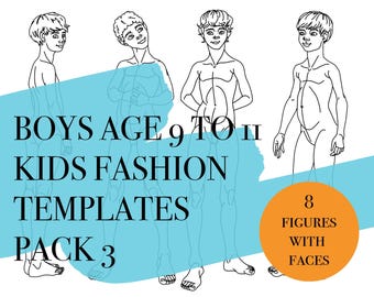 8 Bonecos de moda para meninos com rostos · Idade 9 a 11 · Poses dinâmicas · Croquis para impressão/download · Croquis infantil/infantil · PDF/PNG/jpeg · Pacote 3