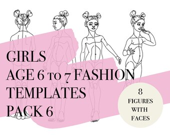 8 Girl Fashion Figures #6 • PDF, PNG, JPEG • Girl Age 6-7 Croquis • Front, Side, Back Poses •Template • Procreate / Sketchbook /digital down