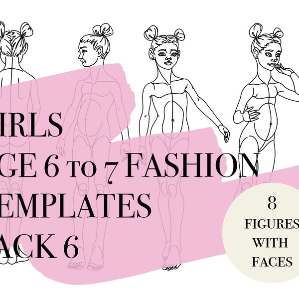 8 Girl Fashion Figures #6 • PDF, PNG, JPEG • Girl Age 6-7 Croquis • Front, Side, Back Poses •Template • Procreate / Sketchbook /digital down