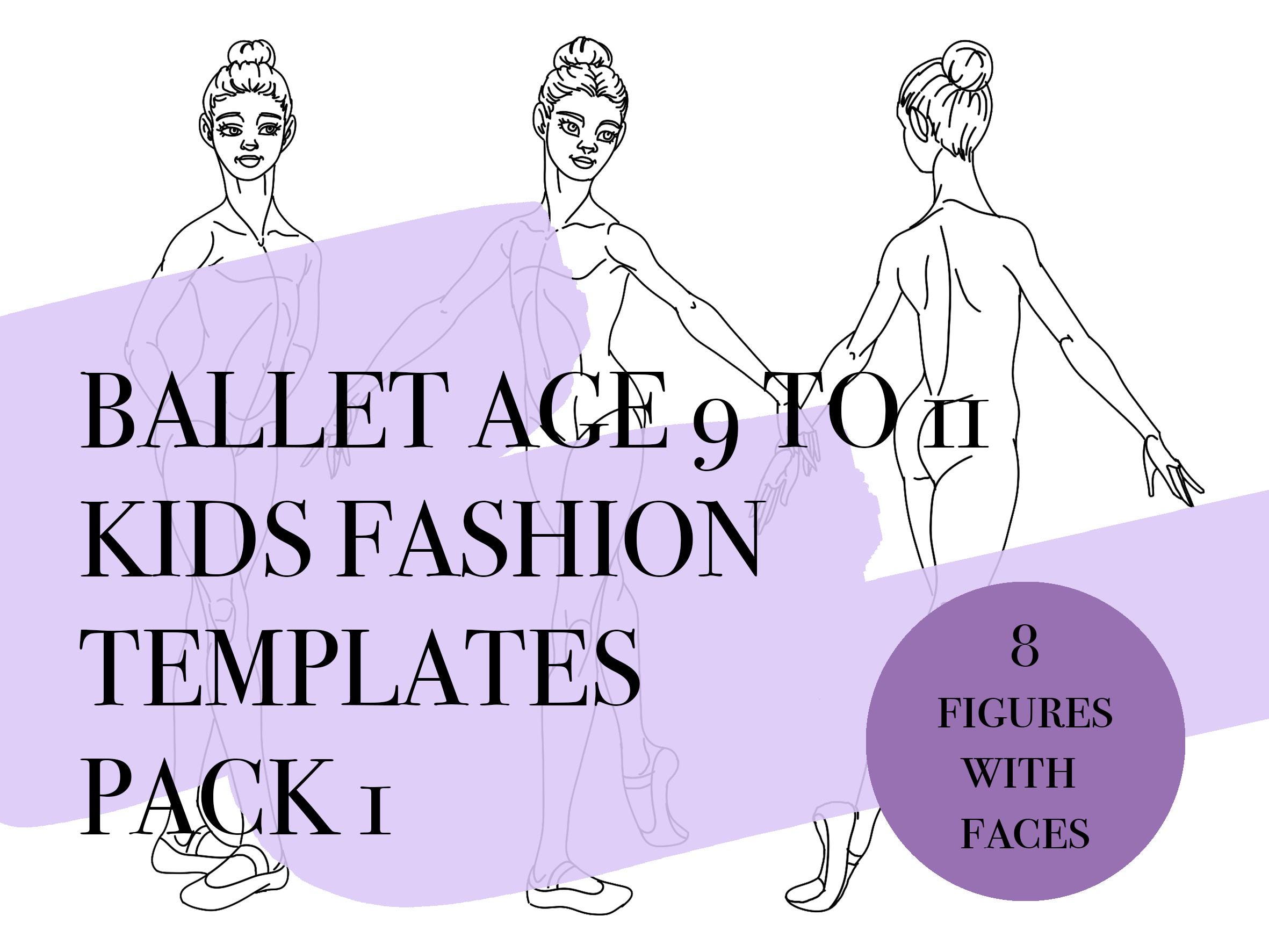 8 Ballet Age 9 to 11 Fashion Figures With Faces· Dynamic Poses · Printable/Downloadable Croquis · Size Inclusive · PDF/PNG/jpeg · Pack 1