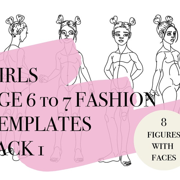 8 Girl Fashion Figures #1 • PDF, PNG, JPEG • Girl Age 6-7 Croquis • Front, Side, Back Poses •Template • Procreate / Sketchbook /digital