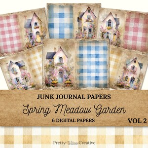Meadow Garden Junk Journal Kit| Printable Scrapbook & Collage Papers| Spring Cottage and Gingham Journaling Sheets| 6 Digital Pages| JJ003