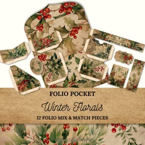 Winter Florals Junk Journal Kit | 12-Piece Printable Folio Pocket Set | Vintage Christmas Ephemera | Mix & Match Festive Inserts | JJ004