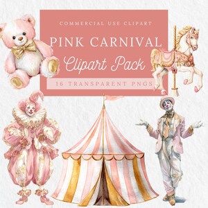 Pacote com 16 clipart de carnaval em aquarela rosa | Arte gráfica de parede | Convite de casamento | Chá de bebê | Aniversário | Padrão bônus | PNG transparente | CP005
