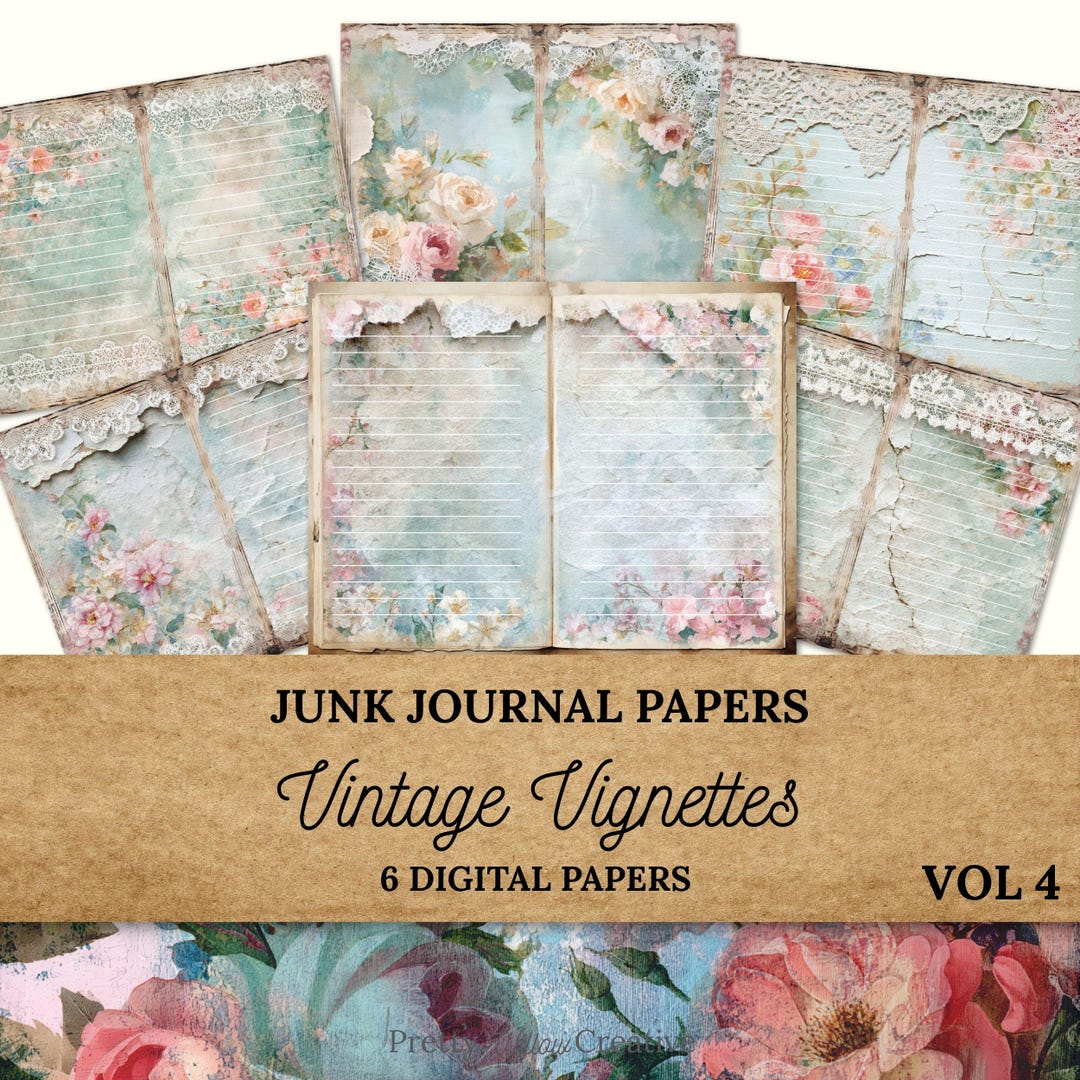 Pink and Blue Floral Junk Journal Papers| Shabby Chic Lace and Roses ...