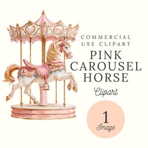 Clipart cheval carrousel aquarelle rose | Décoration murale pour chambre d'enfant| Faire-part d'anniversaire| Graphismes baby shower | PNG transparents | Image unique| CP004