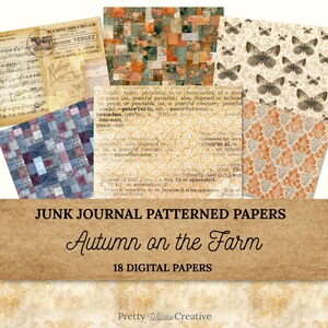 Può includere: Una collezione di 18 carte digitali a motivi per junk journal. Le carte presentano vari design, tra cui motivi floreali, farfalle e patchwork, con una calda tavolozza di colori autunnali. Il titolo "Autumn on the Farm" è visualizzato.