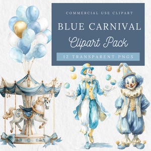 Pacote com 12 cliparts de carnaval em aquarela azul | Gráfico de circo | Convite de aniversário | Chá de bebê | Casamento | Padrão bônus | PNG transparente | CP002