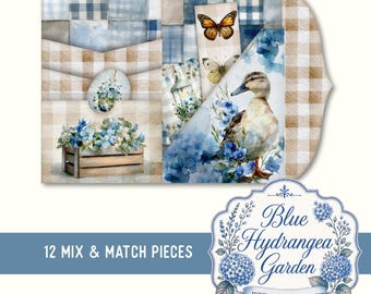 Blue Hydrangea Garden Folio Kit | Printable Junk Journal Folio | Interactive Floral Folio | Cottagecore Paper Craft | Mini Project | JJ002