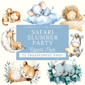 Animali del safari che dormono/ Clipart del safari/ Animali carini della giungla PNG/ Safari ad acquerello/ Download digitale/ Clipart di giraffa, elefante e leone/ CP012