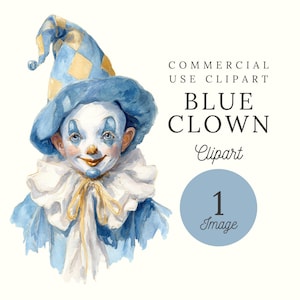 Clipart de Palhaço de Carnaval em Aquarela Azul | Convite Doce de Aniversário | Imagens para Chá de Bebê | PNG Transparente | Imagem Única | Diário de Lixo | CP003