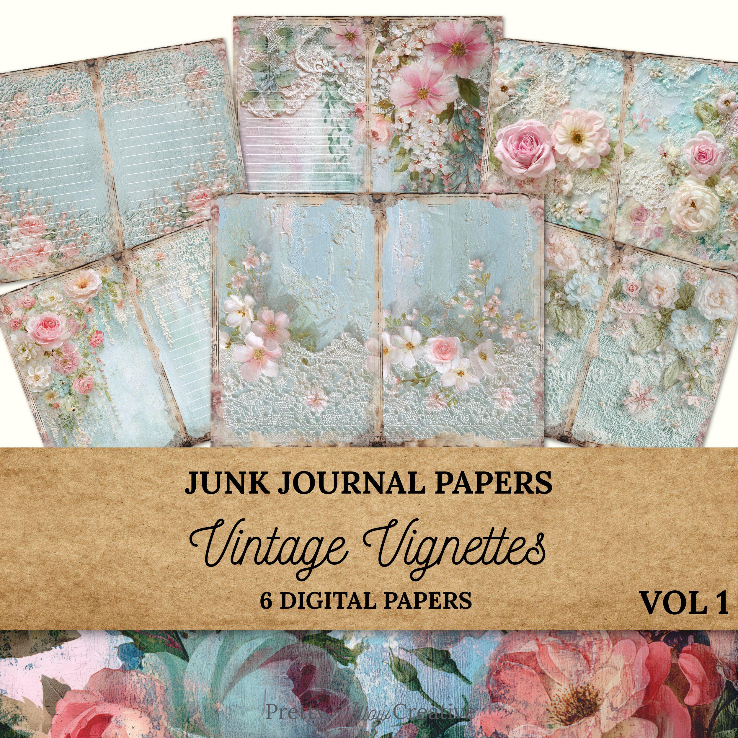 ロマンチックなピンクとブルーの花柄とレースのジャンクジャーナル