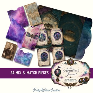 May include: A junk journal add-on folio kit featuring 34 mix and match pieces with celestial, botanical, and vintage themes. Includes cards labeled Star Orchid, Nebula Fern, Sky Blossom, and Moon Moss, a map, a portrait, and purple nebula pockets.