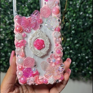 Handmade Decoden iPhone 15 Pro Max Case: Pink Pearls, Roses & Butterflies