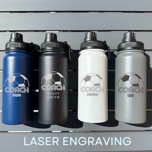 CUSTOM COACH Water BOTTLE | Soccer Ball Coach Water Bottle, Gift for My Coach, Soccer Team Gift | Custom Soccer Coach Gift, Laser Engraved