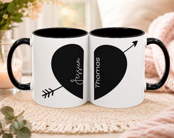 Personalized Couple Mugs, Custom Names Heart Design Set