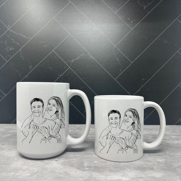 CUSTOM Couple Line Drawing MUG 11oz 15oz 20oz White Mug | Personalized Family Portrait Mug, Birthday Gift For Her, Anniversary Wedding Gift