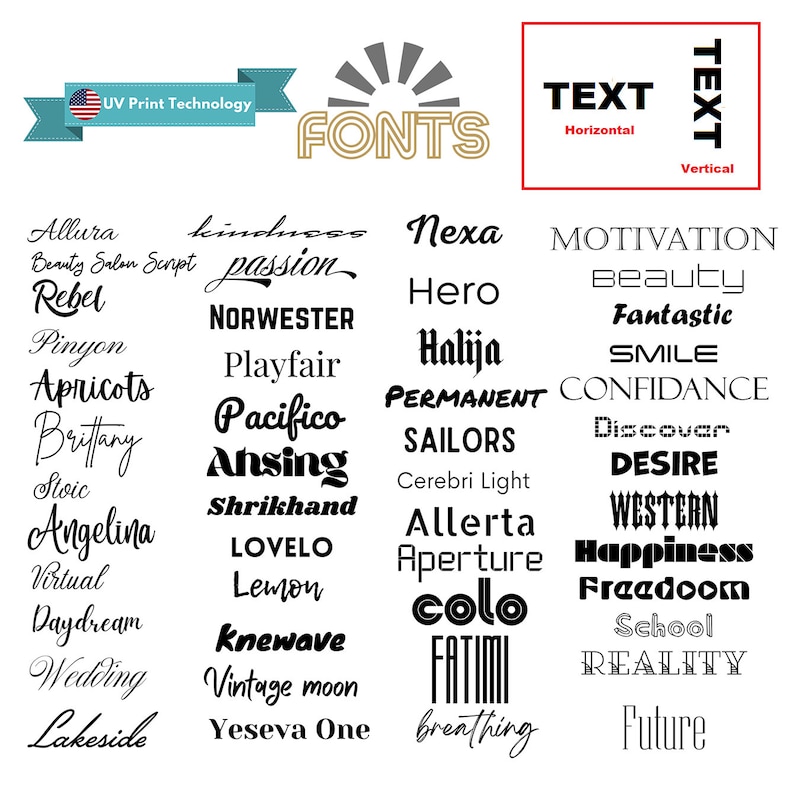 Op de afbeelding: Een grafiek met een lijst van lettertypen in zwarte tekst op een witte achtergrond. De tekst "FONTS" staat in een groot, vet lettertype bovenaan de grafiek. De tekst "TEXT Horizontal" en "TEXT Vertical" staat in een kleiner lettertype rechtsboven in de grafiek. De lijst met lettertypen omvat Allura, Rebel, Pinyon, Apricots, Brithany, Stoic, Angelina, Virtual, Daydream, Wedding, Lakeside, kindness, passion, Nexa, Hero, NORWESTER, Playfair, Halija, Pacifico, PERMANENT, SAILORS, Ansing, Shrikhand, LOVELO, Lemon, Knewave, Vintage moon, Yeseva One, Allerta, Aperture, colo, FATIMI, breathing, MOTIVATION, Beauty, Fantastic, SMILE, CONFIDANCE, Discover, DESIRE, WESTERN, Happiness, Freedoom, School, REALITY, Future.