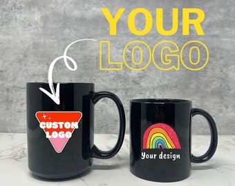 CUSTOM BLACK MUG 11oz 15oz | Dishwasher Safe Mugs | Personalized Ceramic Mug | Employee, Client Gift | Coffee Tea Lover | Business Logo Mug