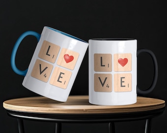 LOVE Scrabble Mug for Couples, Romantic Valentine’s Day Coffee Colored Handle Cup