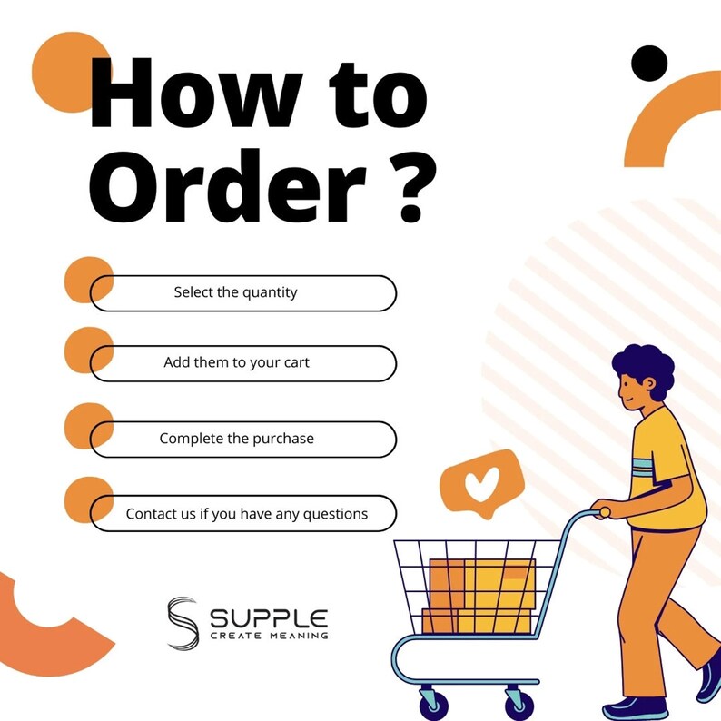 May include: A graphic illustration of a person pushing a shopping cart filled with boxes. The text "How to Order?" is at the top of the image. The steps to order are listed below: Select the quantity, Add them to your cart, Complete the purchase, Contact us if you have any questions. The text "SUPPLE CREATE MEANING" is at the bottom of the image.
