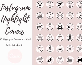May include: A set of 100 Instagram highlight covers featuring various icons in black and white circles on a light pink background. The icons include a camera, airplane, heart, lightbulb, bicycle, rose, guitar, gift, envelope, lipstick, bone, dress, wifi symbol, music note, dumbbell, and more.