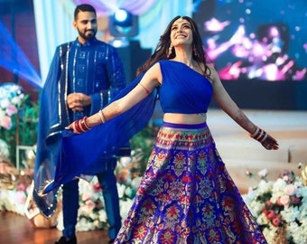 One Shoulder Crop Top Skirt, Royal Blue Lehenga Choli for Women Ready To Wear Custom Size, Designer Indian Bridal Wedding Dress, USA Online