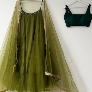 Olive Green Silk Lehenga Set: Soft Net Dupatta, Made To Measure