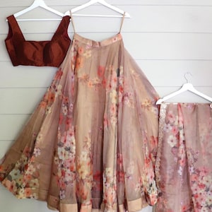 Trendy floral print pure organza Skirt with silk choli, Indian Wedding Guest Ceremonial Bridesmaids Reception Lehenga, Made To Measure Dress