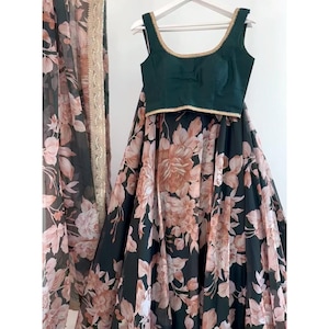 Green Organza Lehenga Choli: Floral Print Indian Wedding Dress