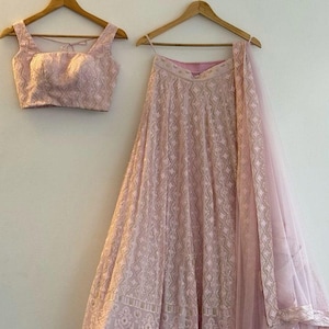 Dusty Pink Lucknowi Lehenga Choli: Georgette Viscose, Customizable