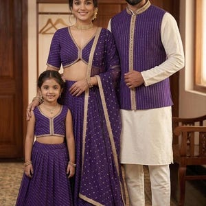 Matching Family Set Purple Lehenga Choli & Men's Kurta Nehru Jacket Set for Weddings