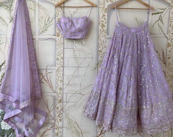 Spaghetti Top Lehenga Set Pastel & Coral Color bustier Indian American Wedding Bridesmaids Outfits, Custom Stitch Reception Lehenga Choli