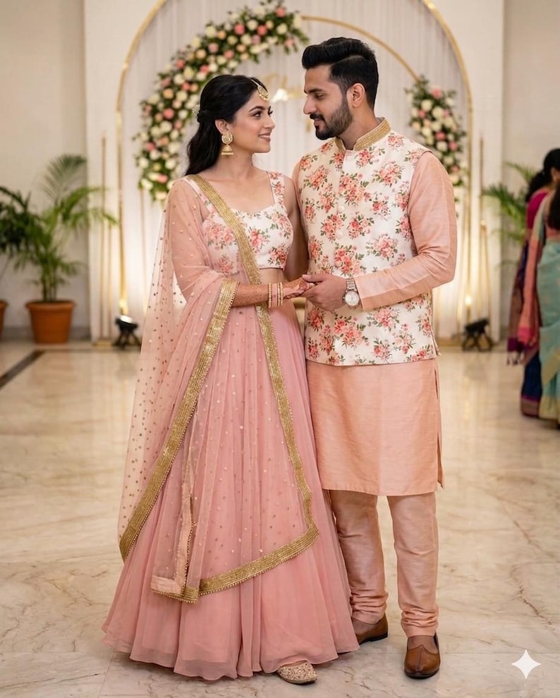 May include: A couple in formal attire, likely for a wedding. The woman wears a pink lehenga with gold trim and a matching dupatta. The man wears a peach kurta and pants with a floral vest. They stand in front of a floral arch.