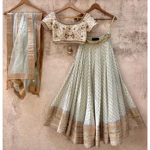 Mint Green Lehenga Choli Dupatta Set: Georgette & Raw Silk, Custom Bridesmaid Dress