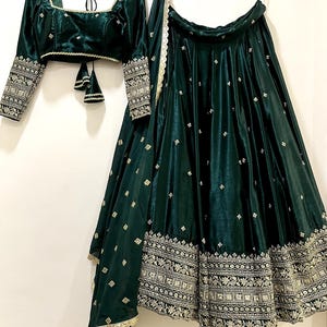 Chocolate Brown Silk Lehenga Choli – Heavy Border Embroidery, Wedding Guest Indian Dress Dark Green