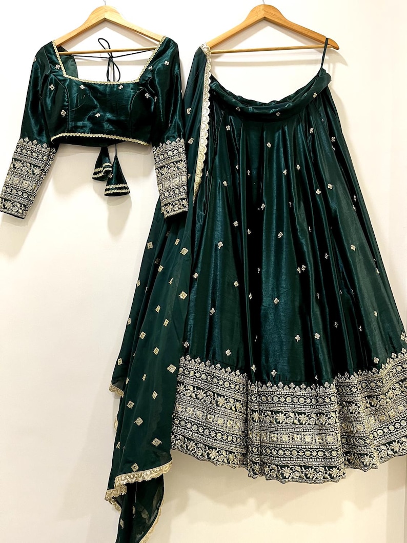 Chocolate Brown Silk Lehenga Choli – Heavy Border Embroidery, Wedding Guest Indian Dress Dark Green