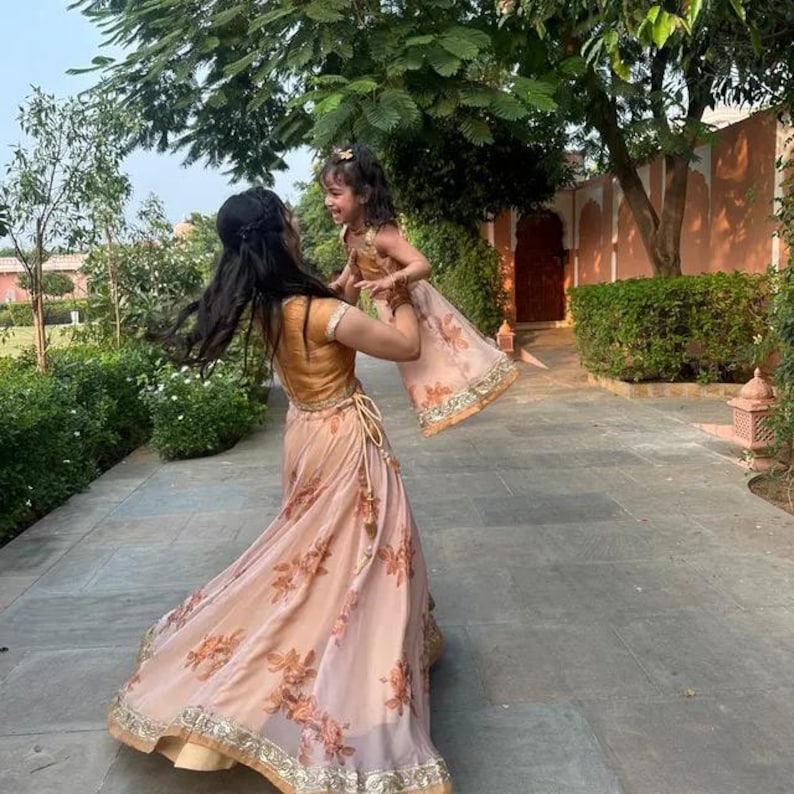 Floral Organza Lehenga with Silk Choli: Indian Wedding Guest Dress Mother Toddler Combo