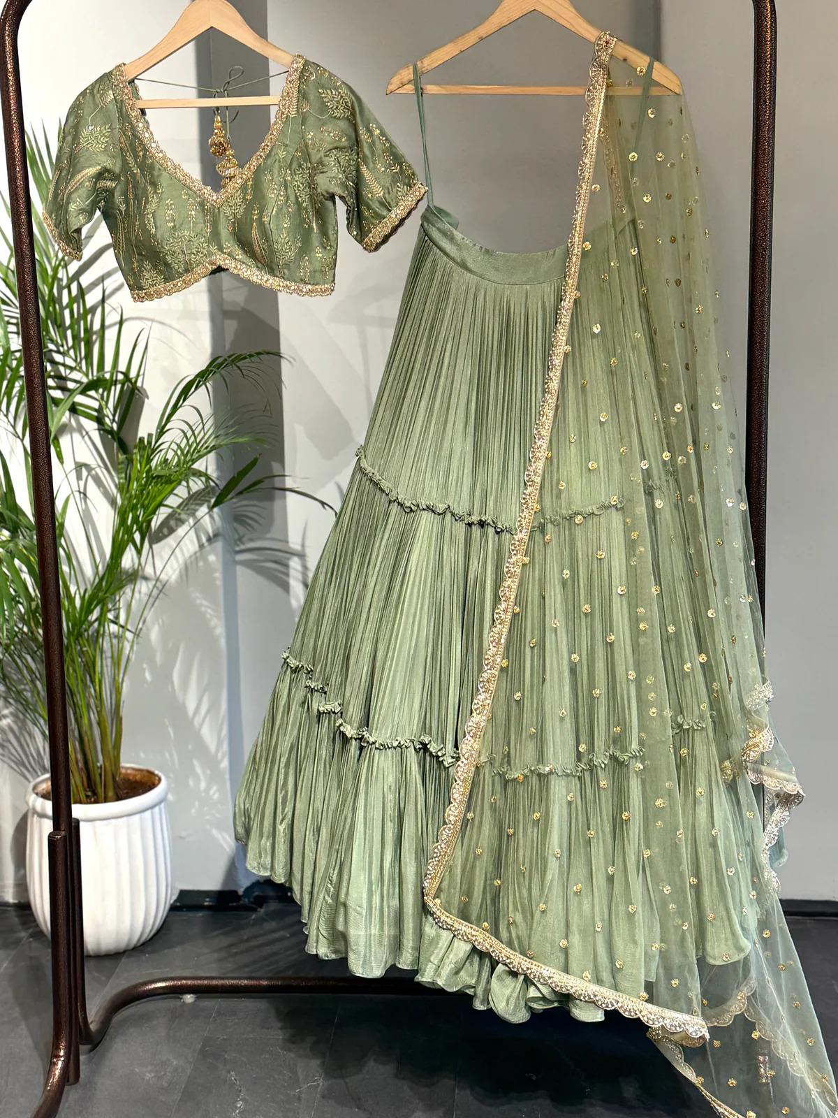 green emerald velvet dress Mehndi Green Color Thread Sequence Work Gown – subhvastra main image 0