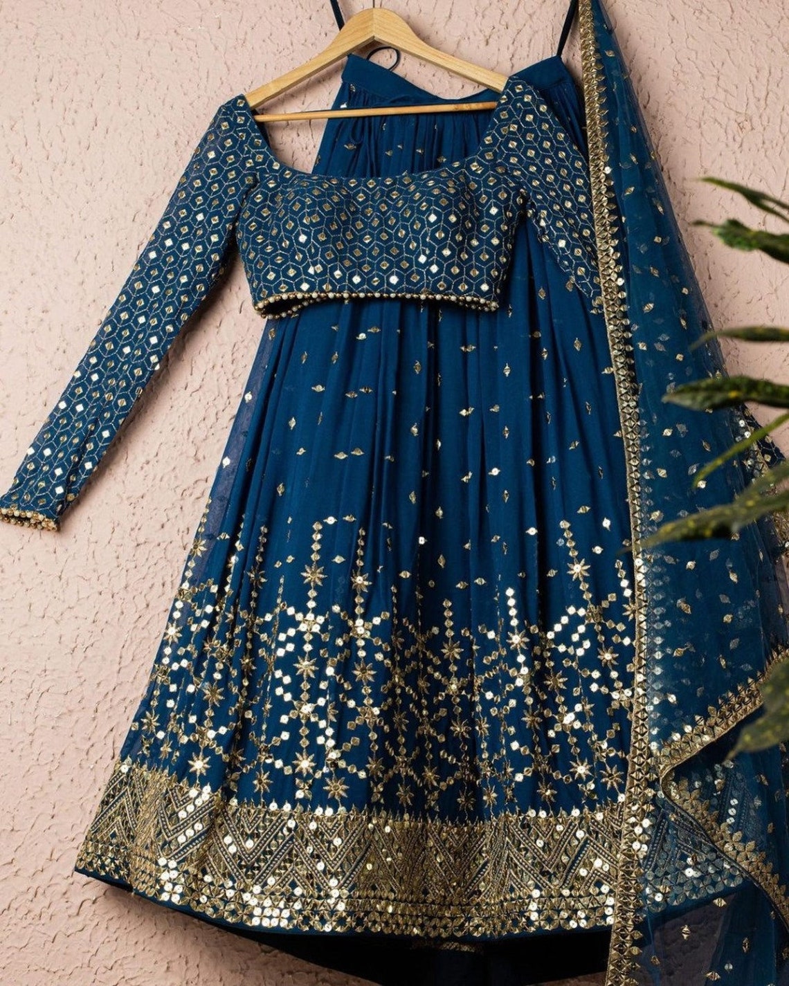 Teal Blue Velvet Lehenga Choli