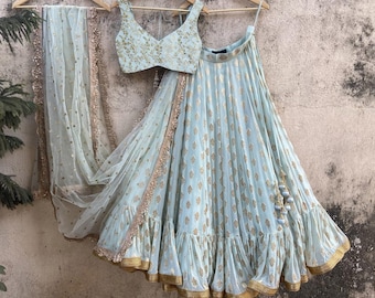 Powder Blue Indian Wedding Bridesmaids Cocktail Handmade Ruffle Lehenga Choli, Made To Measure In Any Your Choice Color, Reception Outfits
