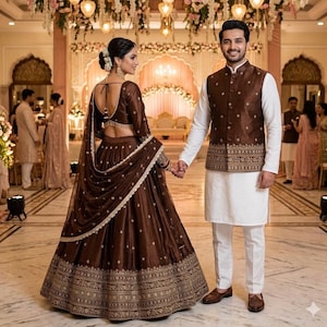May include: A couple in formal attire, holding hands, at a wedding. The woman wears a brown lehenga with gold embroidery, and the man wears a brown vest over a white kurta. The background features floral decorations and soft lighting.