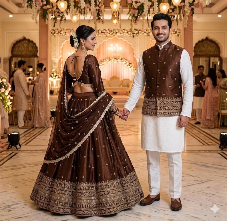 May include: A couple in formal attire, holding hands, at a wedding. The woman wears a brown lehenga with gold embroidery, and the man wears a brown vest over a white kurta. The background features floral decorations and soft lighting.
