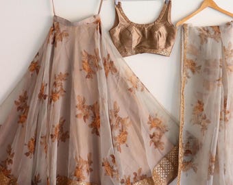 Beige/ cream with  Golden accent  Organza Lehenga Set: Indian Bridesmaid Dress