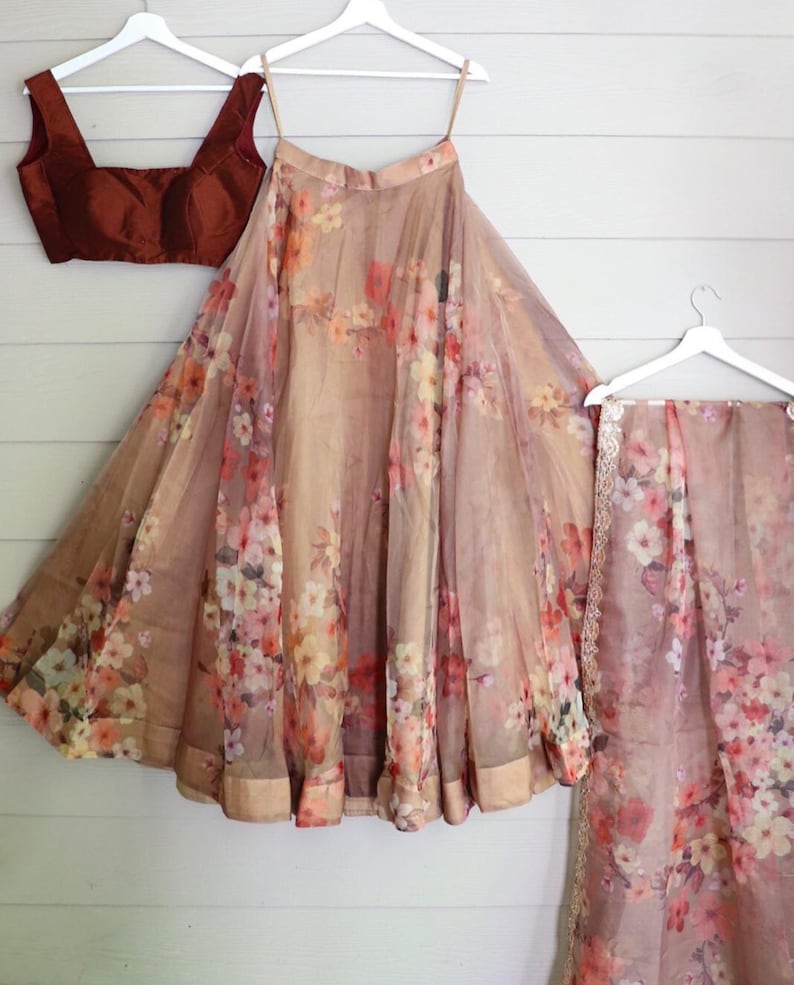 Trendy floral print pure organza Skirt with silk choli, Indian Wedding Guest Ceremonial Bridesmaids Reception Lehenga, Made To Measure Dress