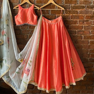 Coral & Yellow Lehenga Choli with Organza Dupatta: Indian Wedding Wear