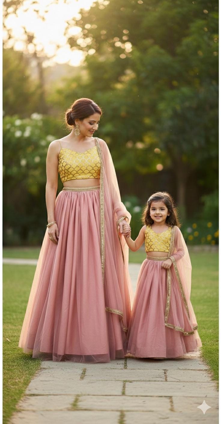 Mother Daughter Lehenga Choli Set, Dusty Rose Tulle, Indian Matching Outfits